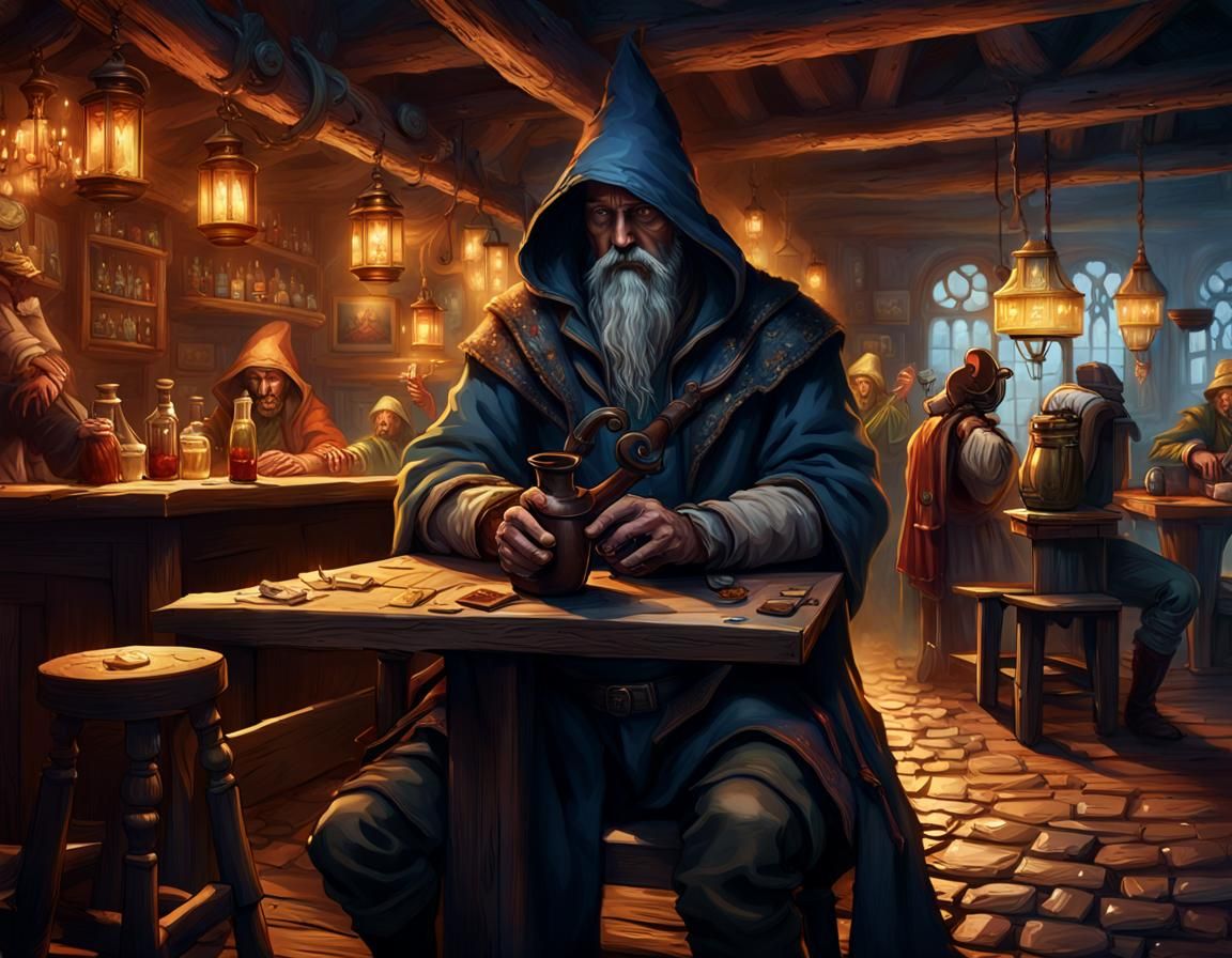 Hooded Figure in Busy Tavern: Fantasy Concept Art