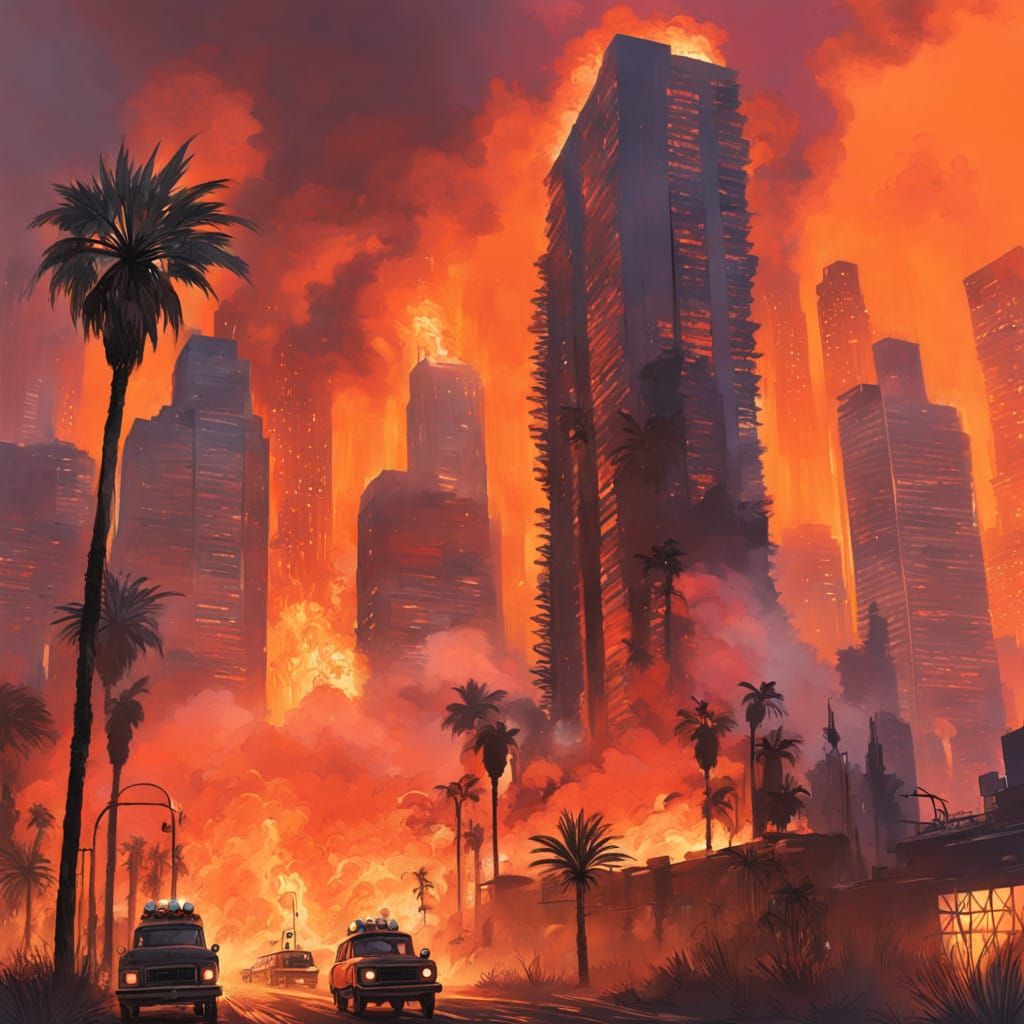 Dystopian Futurist Los Angeles Cityscape in Flames