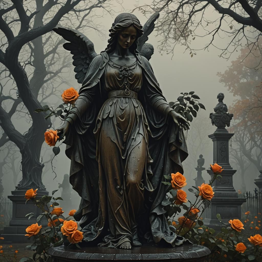 Victorian Gothic Garden with Weeping Angel Statue