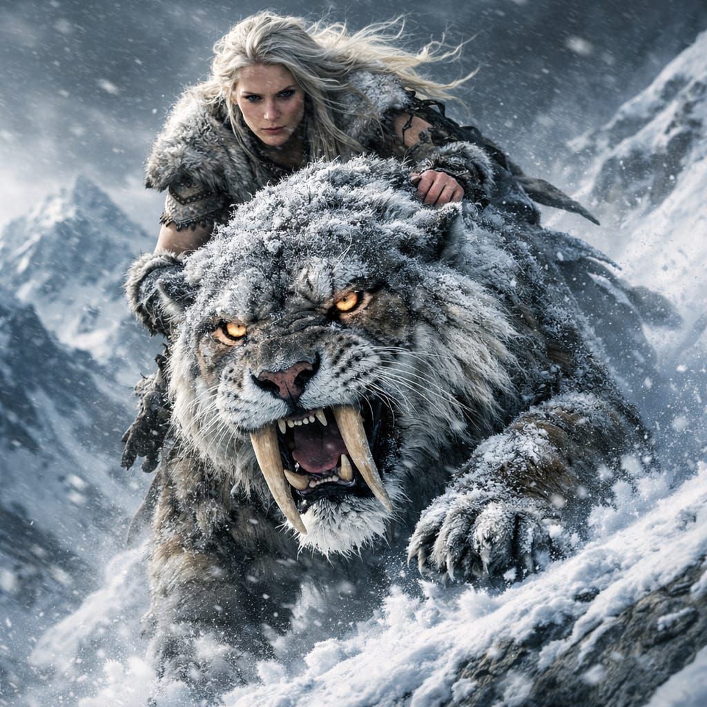Nordic Warrior Rides Saber-Toothed Tiger Up Snowy Mountain
