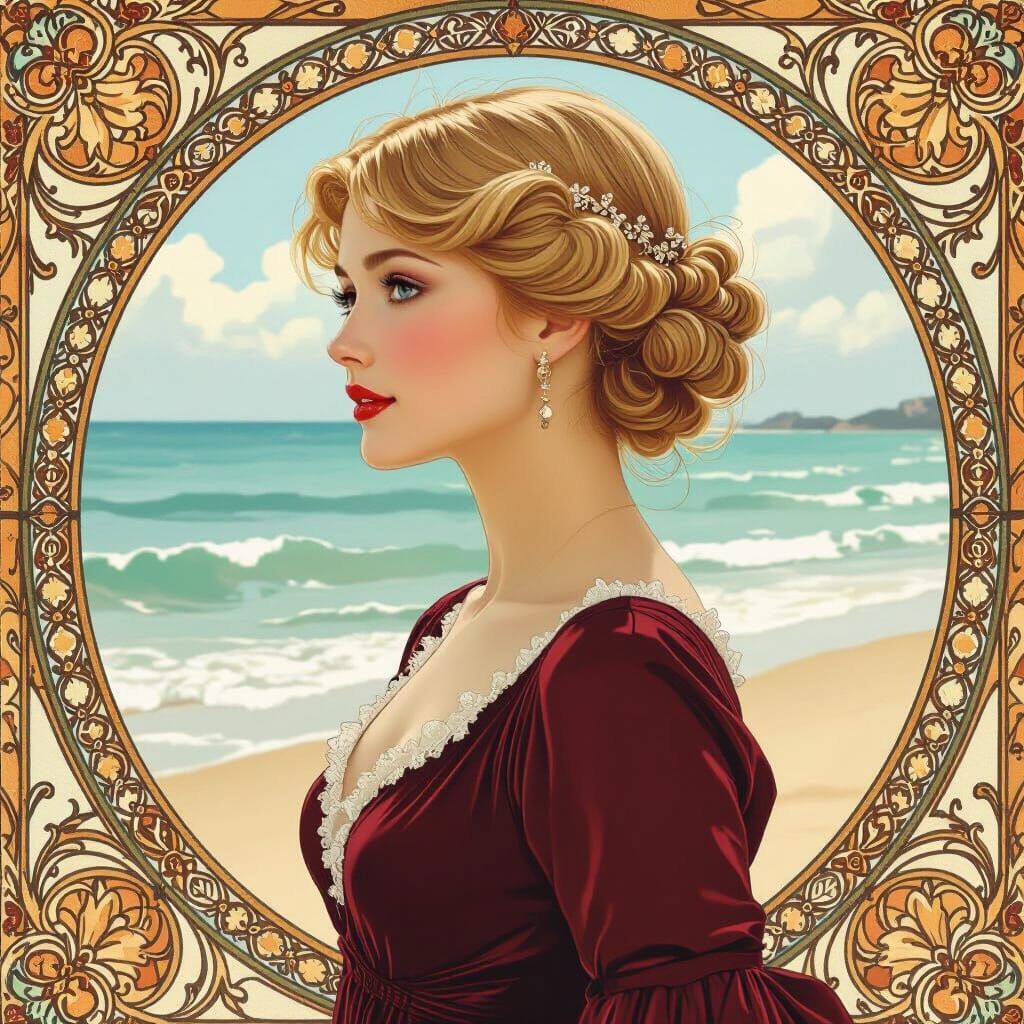 Woman in Bordeaux Dress on Sunny Beach