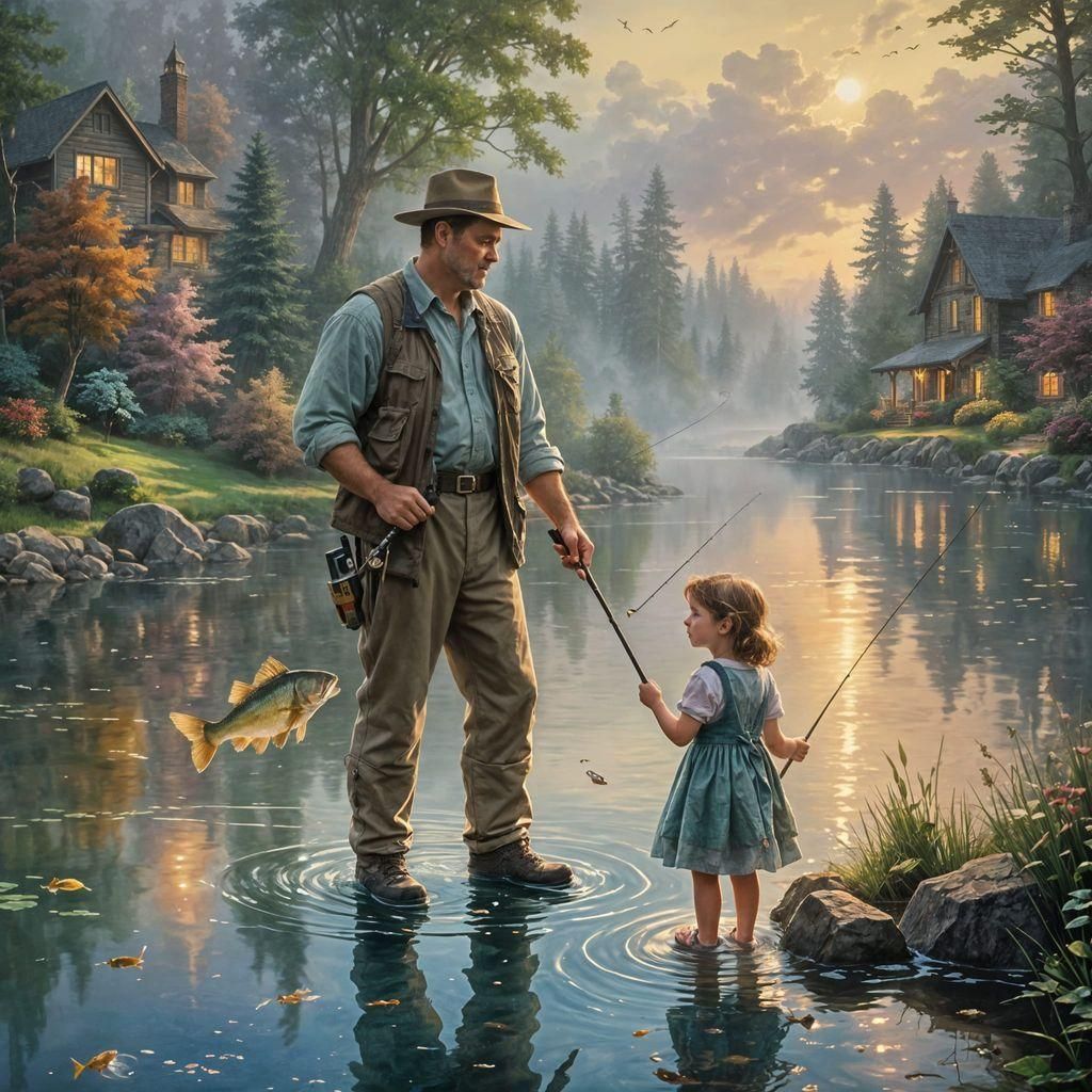 Father and Daughter Fishing at Misty Lake: Fantasy Art