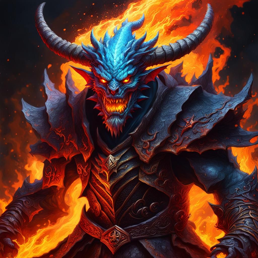Dragon Mage Amidst Demonic Fire in Hyperrealistic Style