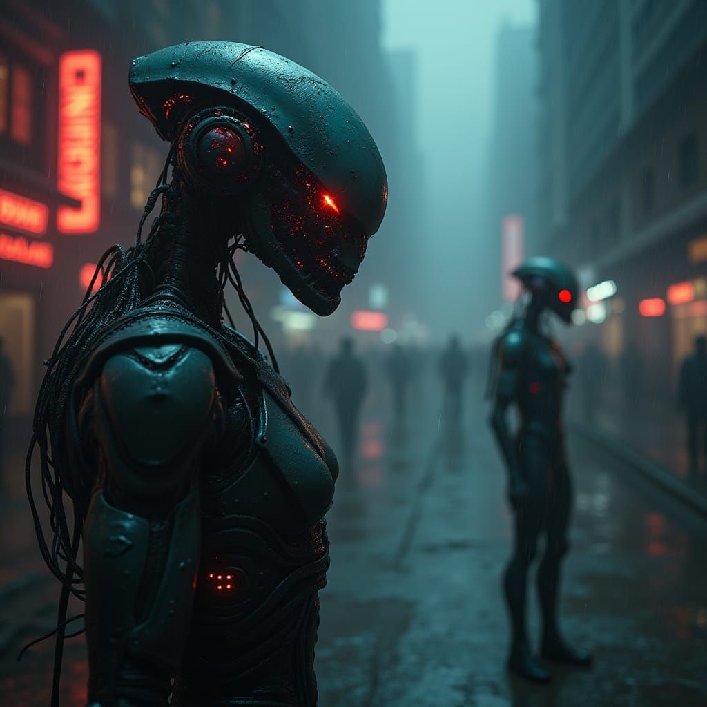 Alien Robots in Neon Cyberpunk Horror Style