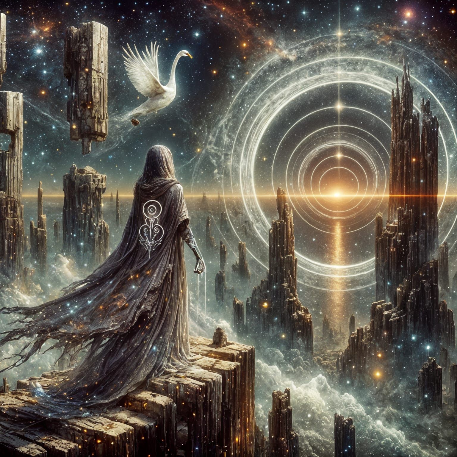 Warrior Princess in Cosmic Twilight, Impressionistic Ruins