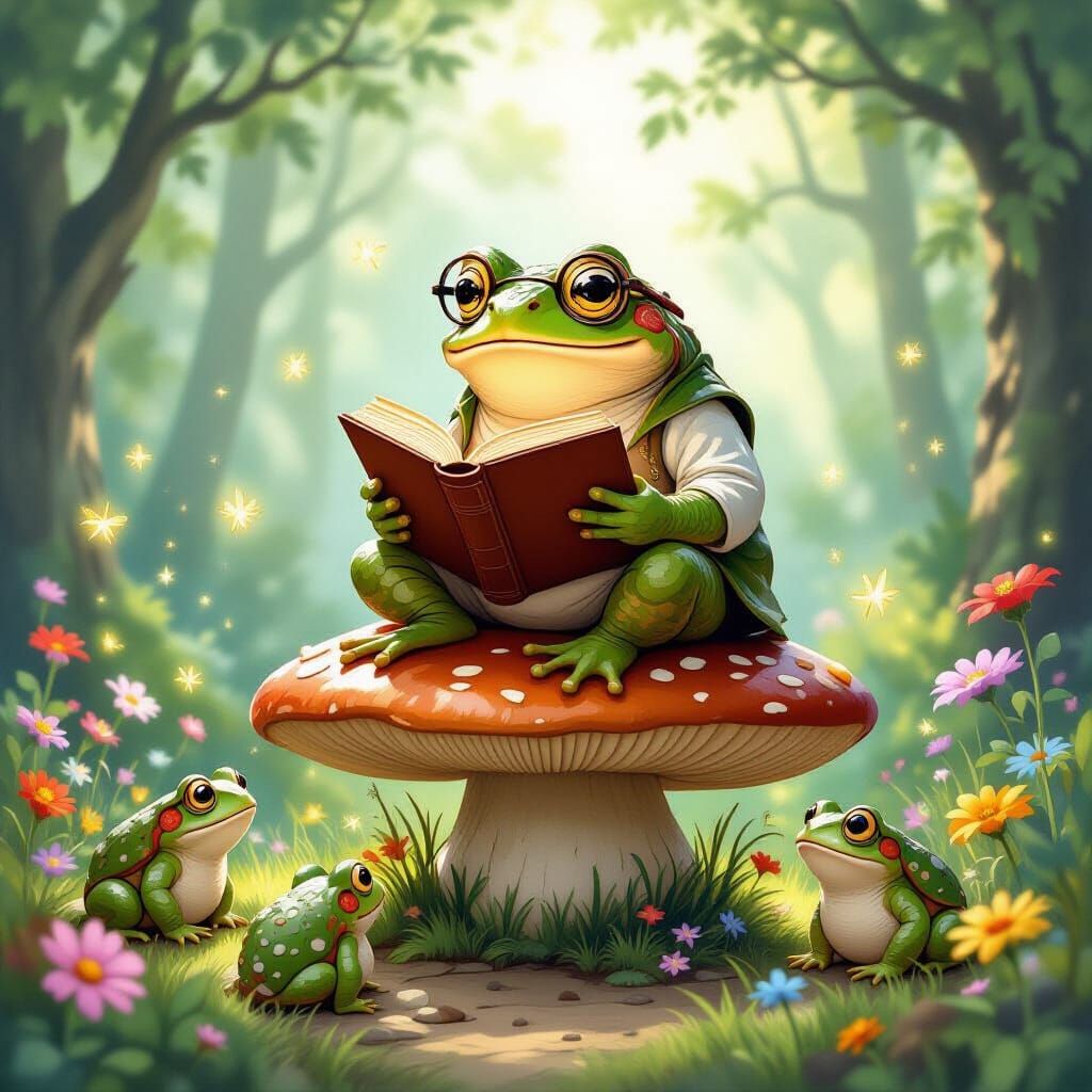 Enchanted Toad Reading in Forest Clearing