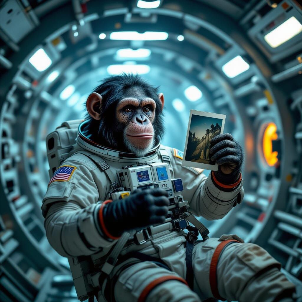 Chimpanzee Astronaut in Damaged Space Station, Cinematic Sty...