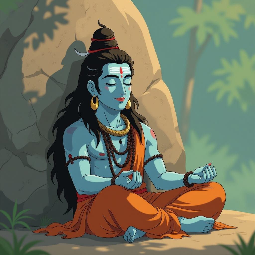 Lord Shiva Meditating in Ghibli-Style Digital Art