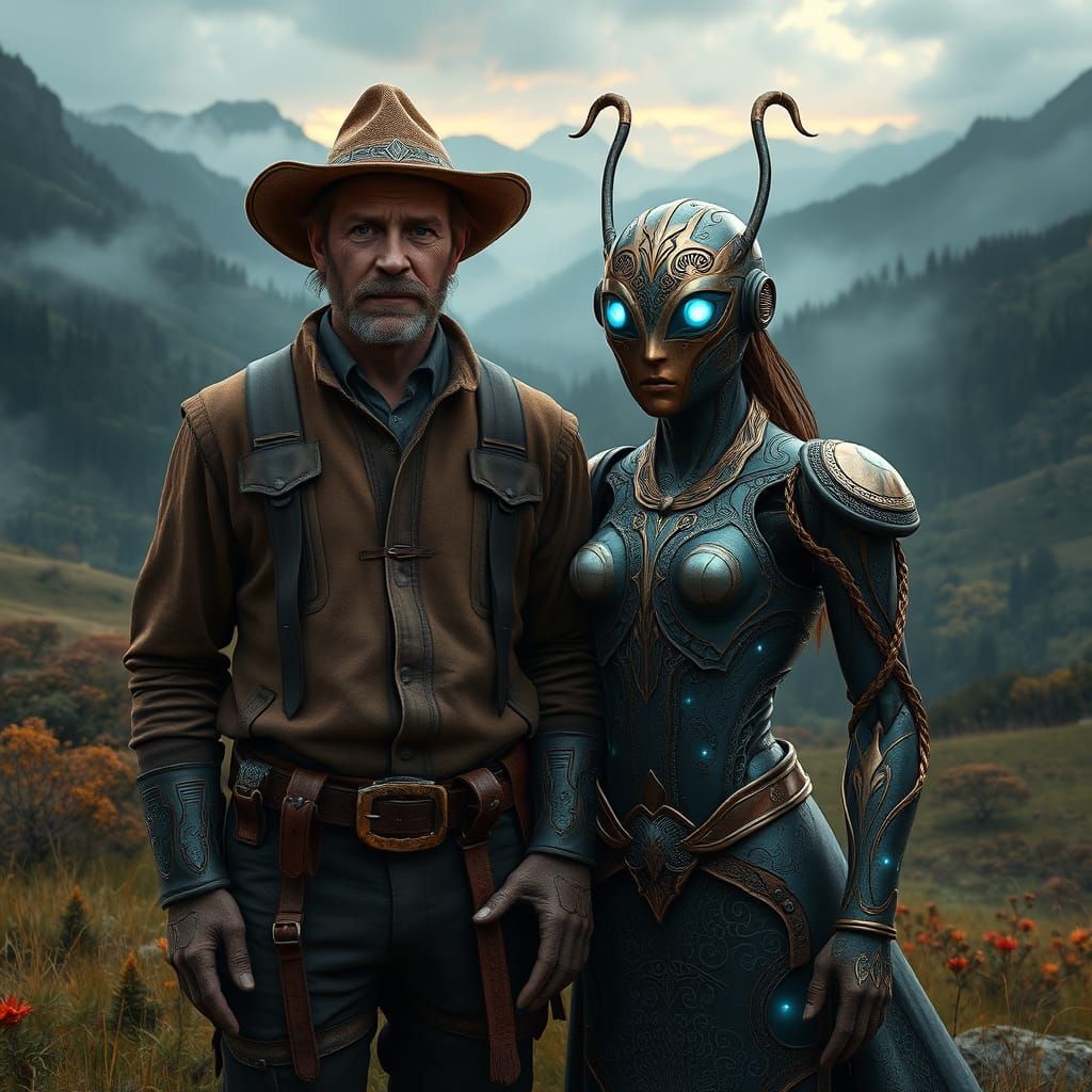 Earthly Farmer Stands Beside Glowing Tin Companion in Whimsi...