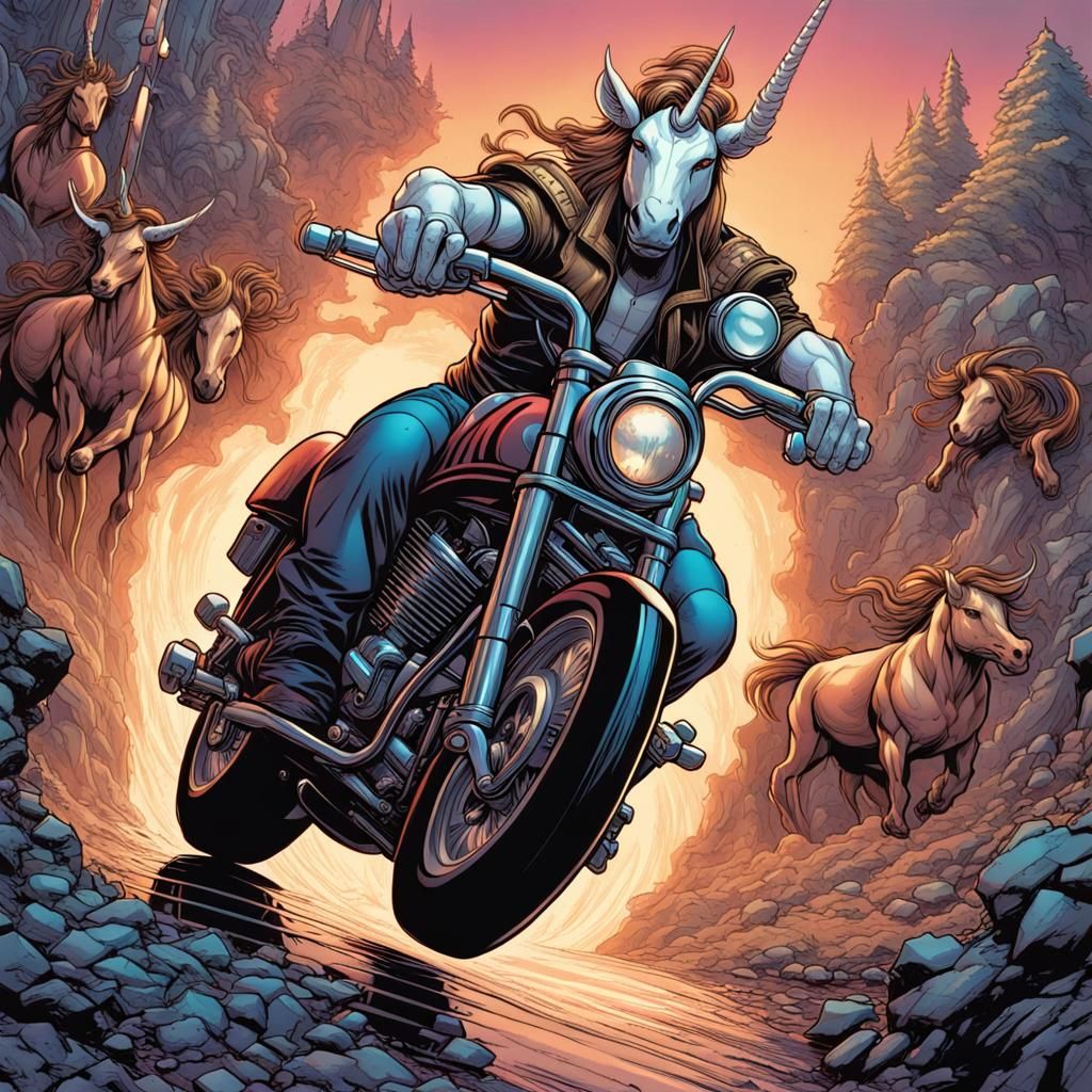 Unicorn Minotaur Motorcycle Hybrid in Comic Book Art