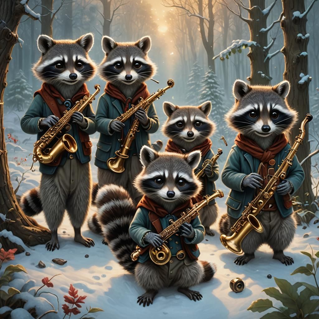 4 raccoons playing clarinet, wintery background
unreal engine,  artstation, detailed, digital painting, cinematic, chara...