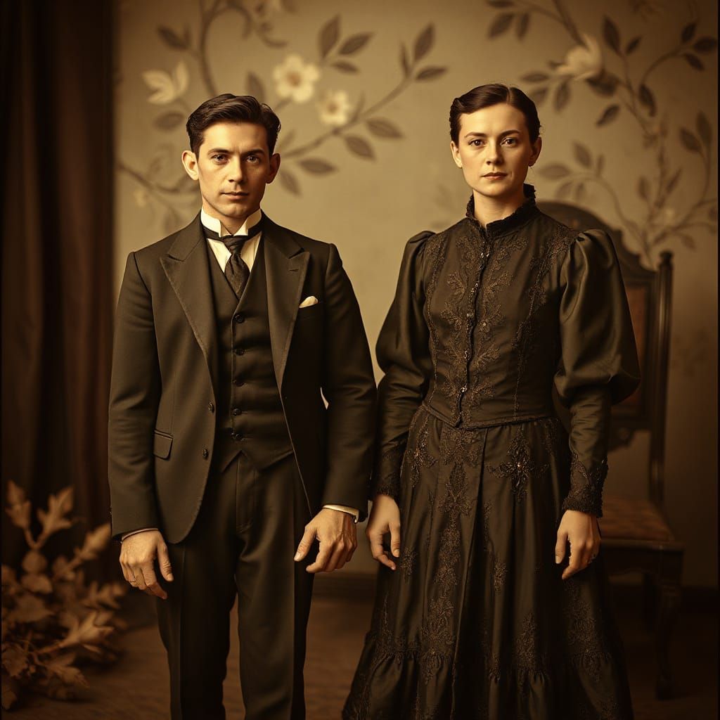 Vintage Couple Portrait in Hyperrealistic Sepia Tones