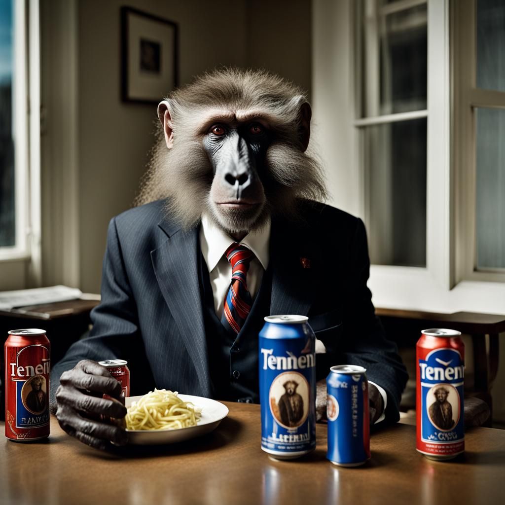 Baboon in Suit Drinking Lager: Professional Portrait
