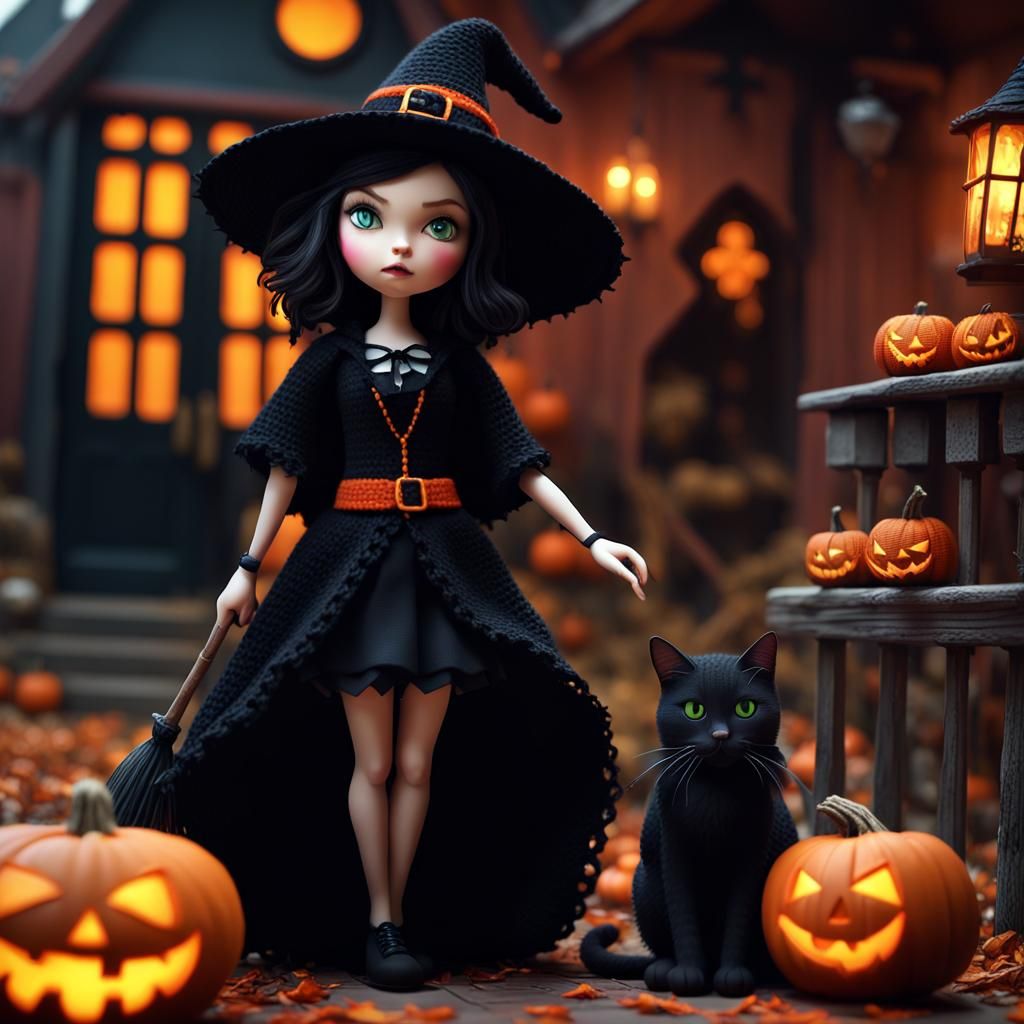 Witch Doll with Black Cat at Halloween