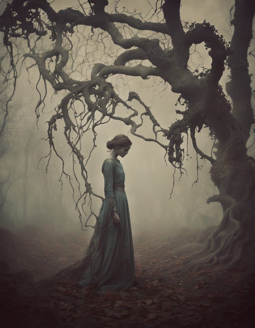 Surreal Foggy Garden Scene in Muted Earthy Tones