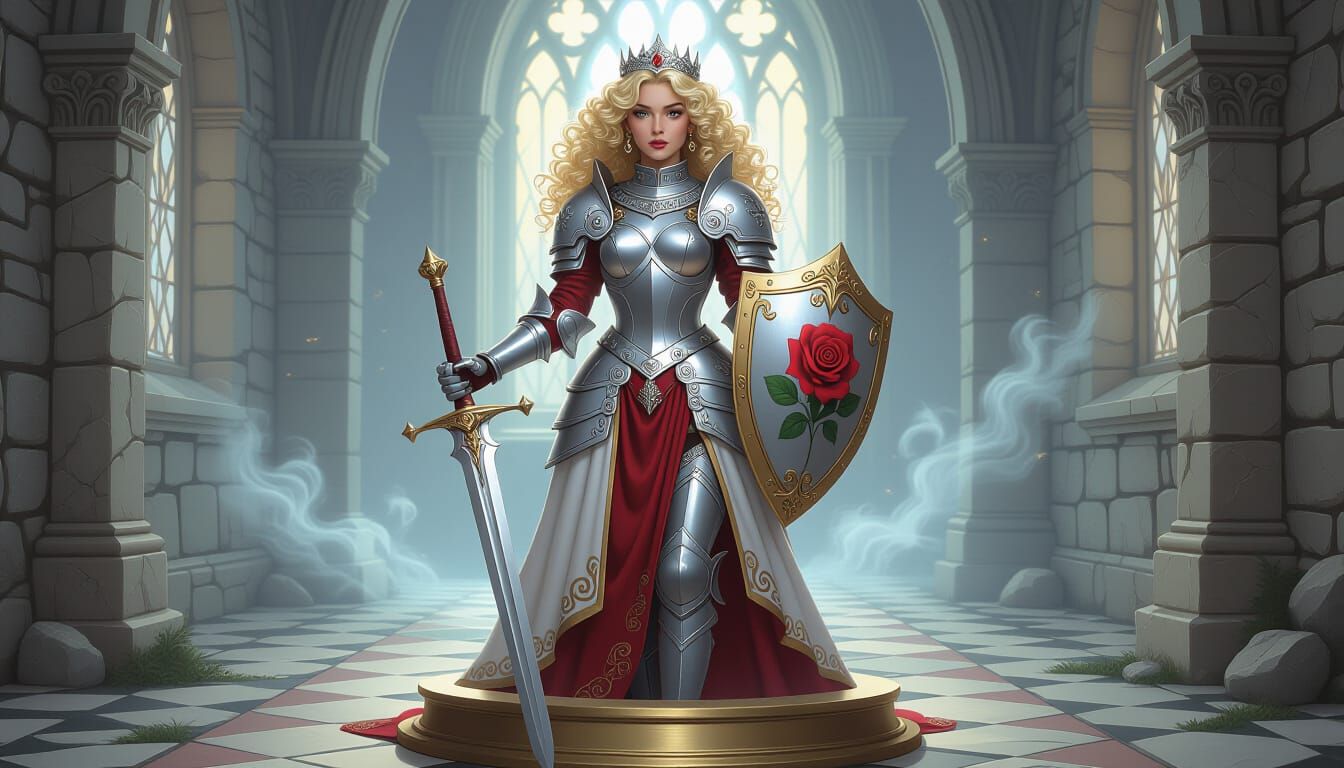 Roseblade Knightess in Silver Armor with Rose Trim