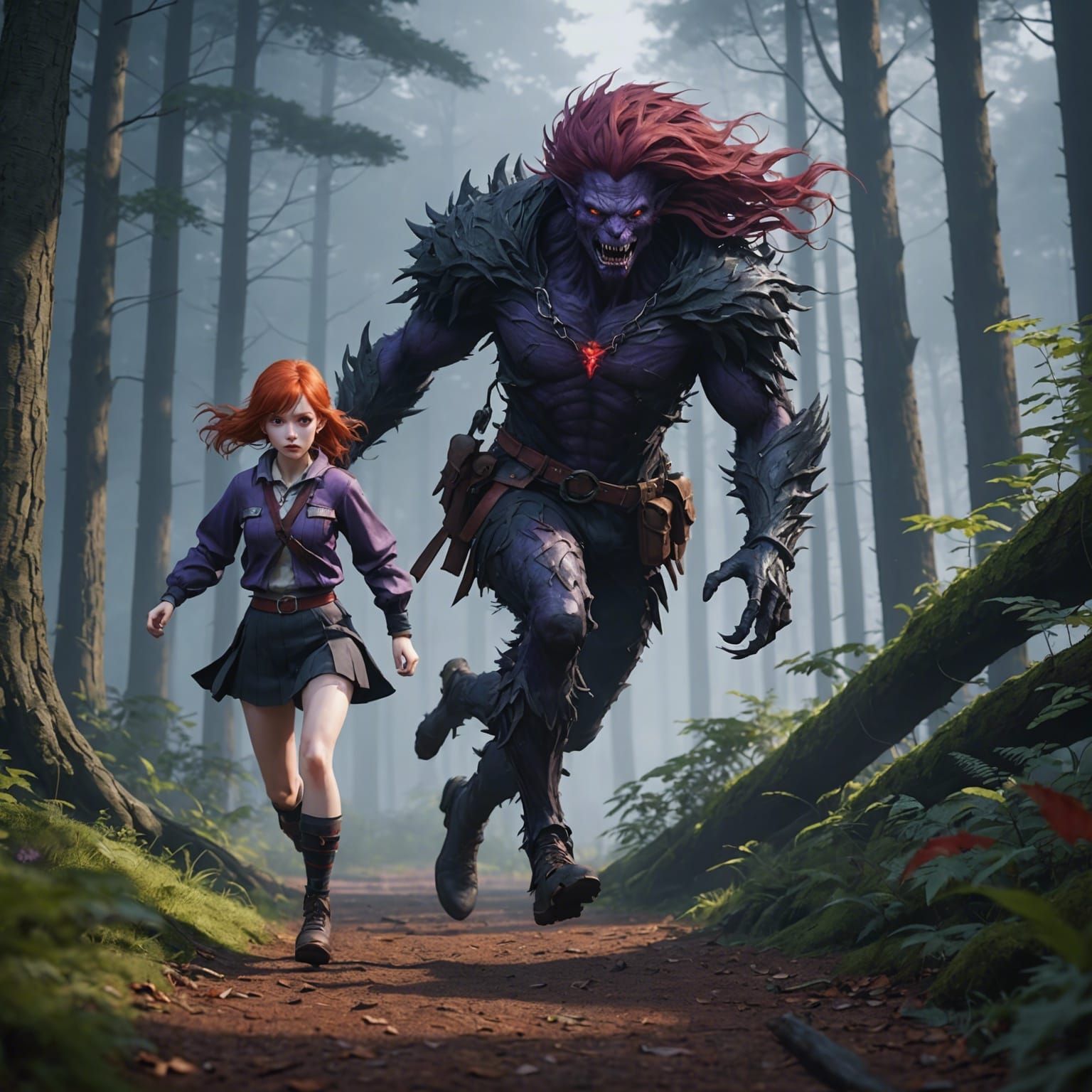 Red-Headed Girl Running in Misty Anime Forest