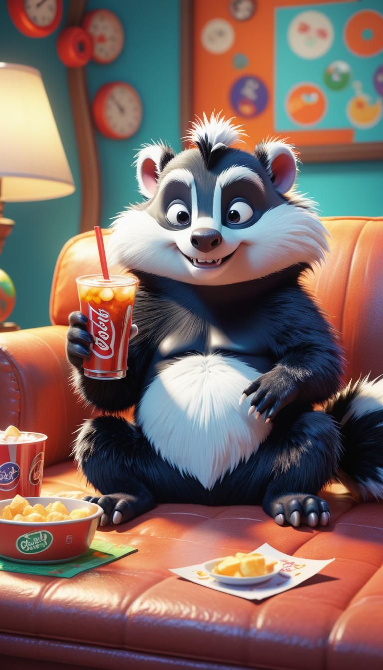Fluffy Skunk on Couch in Pixar Style