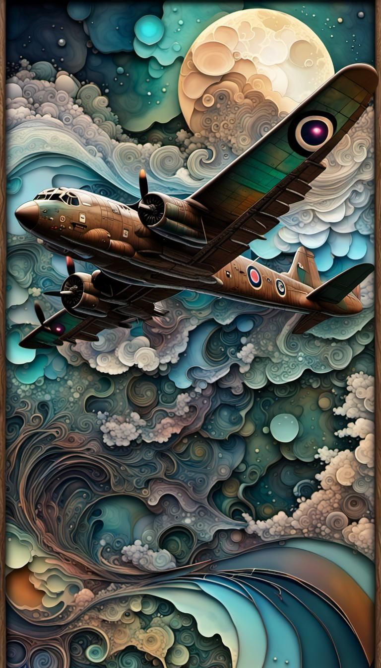 Lancaster Bomber in Moonlight: Alcohol Ink Art