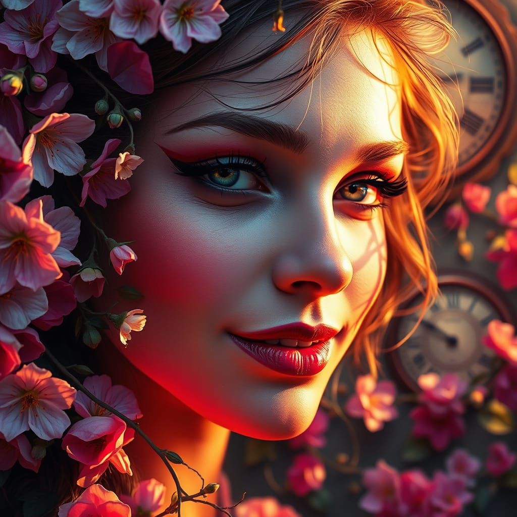 A flamboyant, dreamlike woman's face, surrounded by blooming flowers and vines.