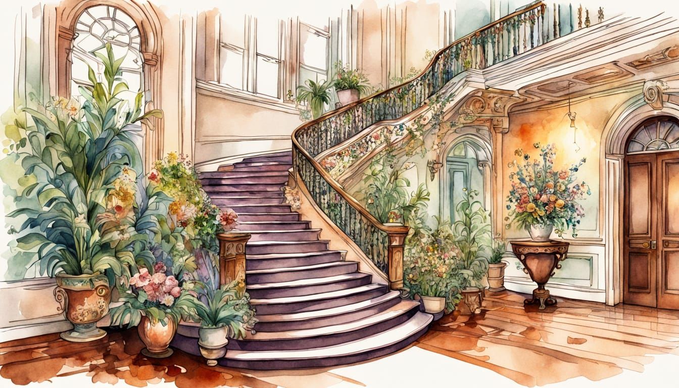 Victorian Foyer with Grand Staircase in Watercolor