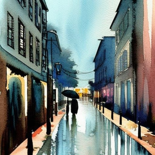 Rainy Night in Georgia: Ink and Watercolor Drawing