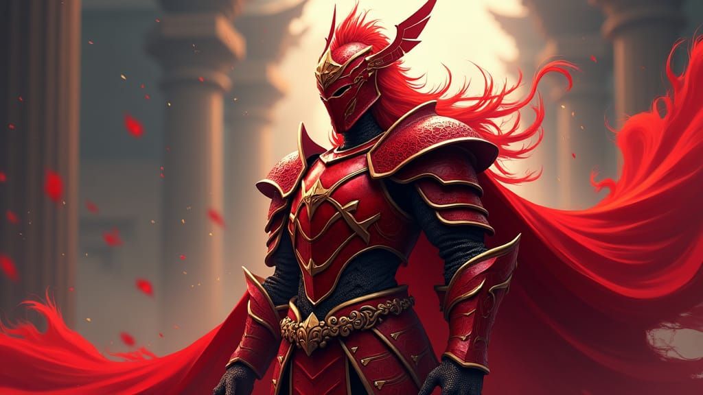 Heroic Red Knight in Ornate Armor, Anime Style