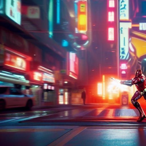 Iron Man Battles Deity in Cyberpunk City