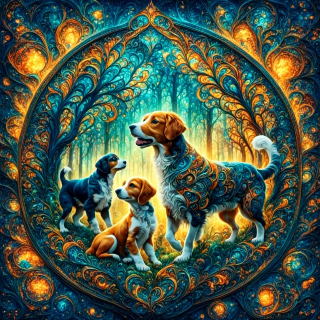 Puppies Chase Tails in Fractal Stained Glass Forest