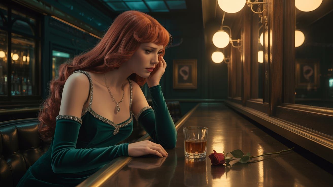 Melancholic Android in Film Noir Bar Scene