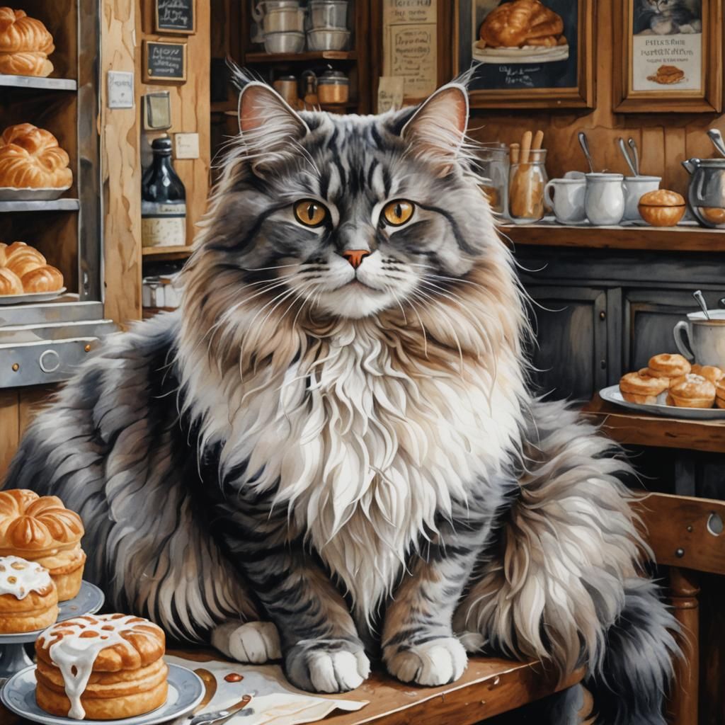 Cat Portrait in French Bakery, Watercolor Illustration