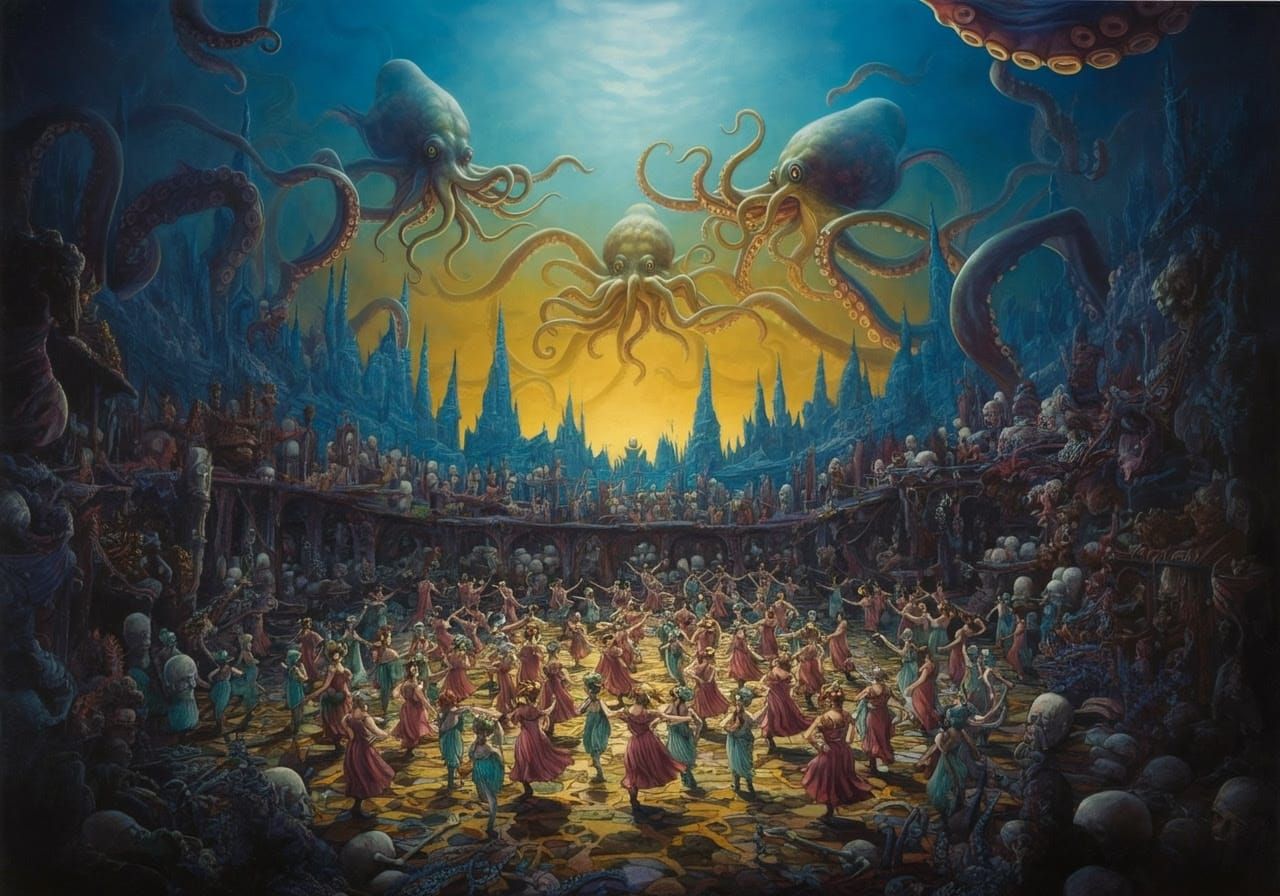 Surreal Underwater Cityscape with Dancing Cephalopods in a D...
