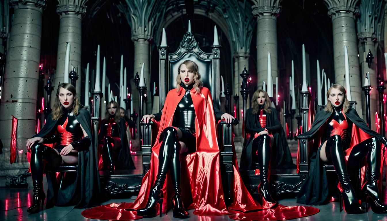 Latex Vampire Queen on Throne: Cinematic Film Still