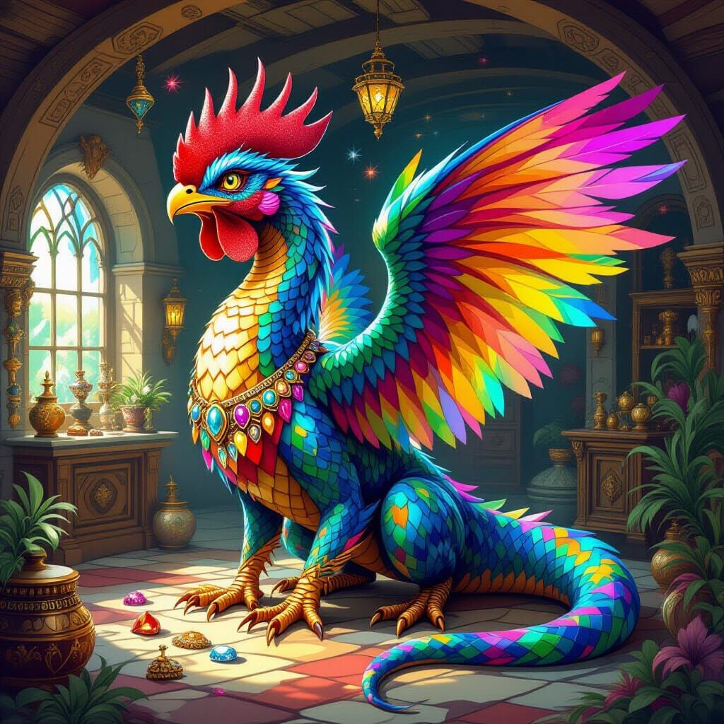 Majestic Basilisk Creature Guarding Jewels in Decorated Base...