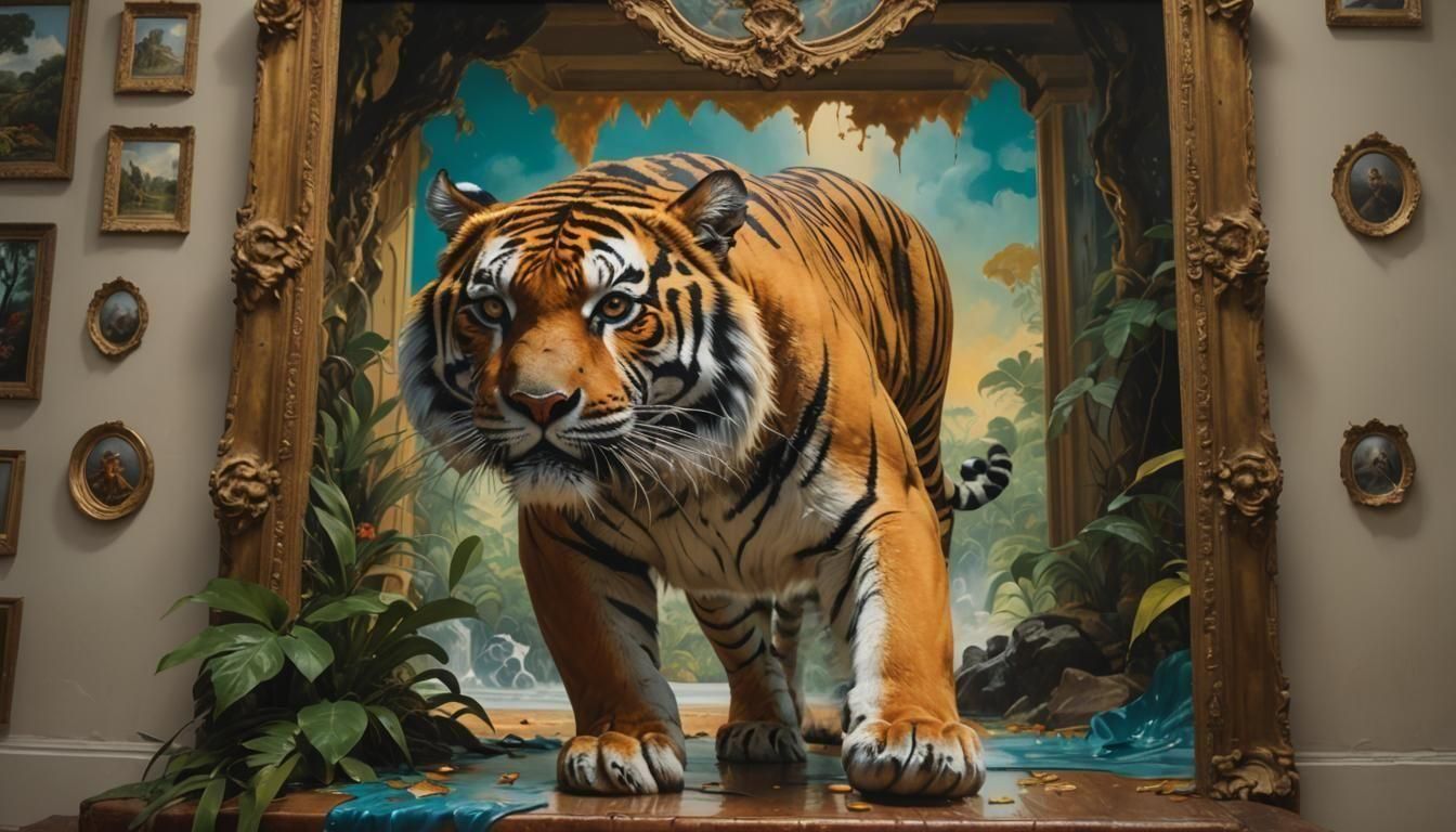 Surreal Tiger Emerges from Oil Painting into Room