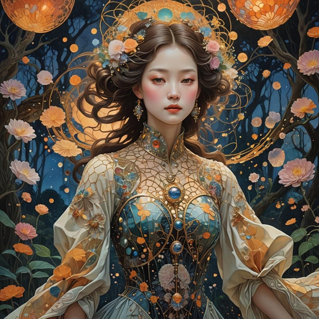 Sunset Woman in Magical Forest, Art Nouveau Style