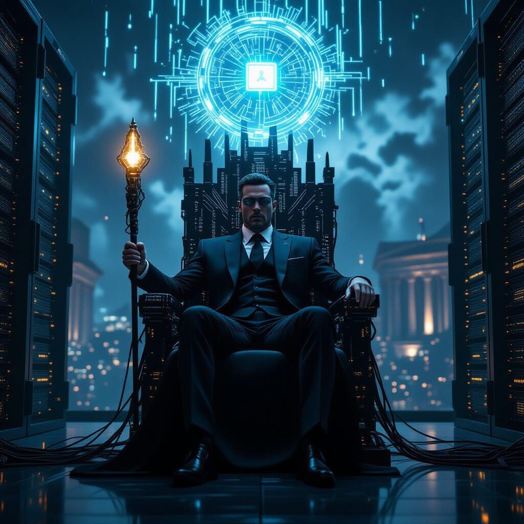 Cyberpunk King on Server Throne with Data Halo