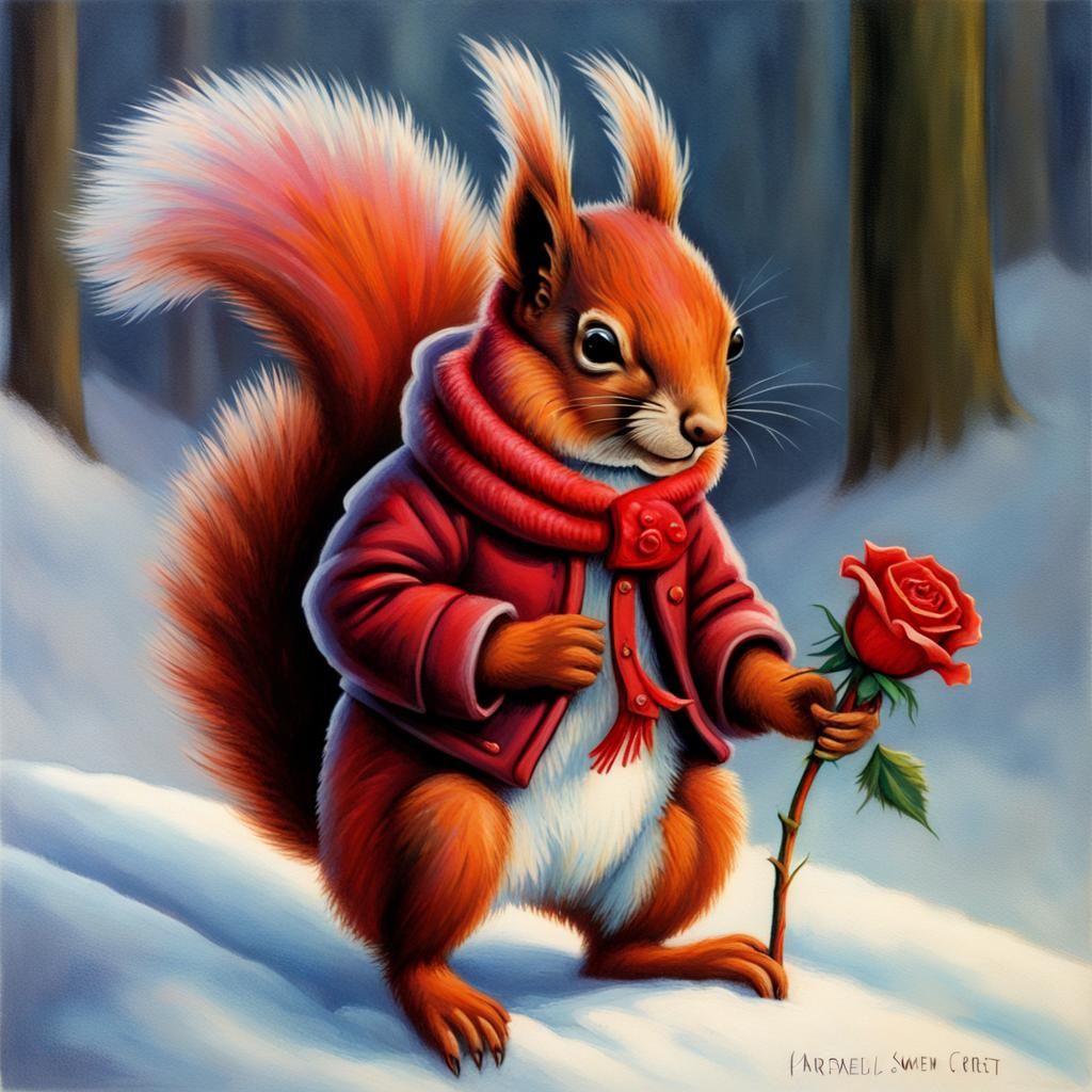Squirrel in Winter Coat Holds Rose, Illustration Art