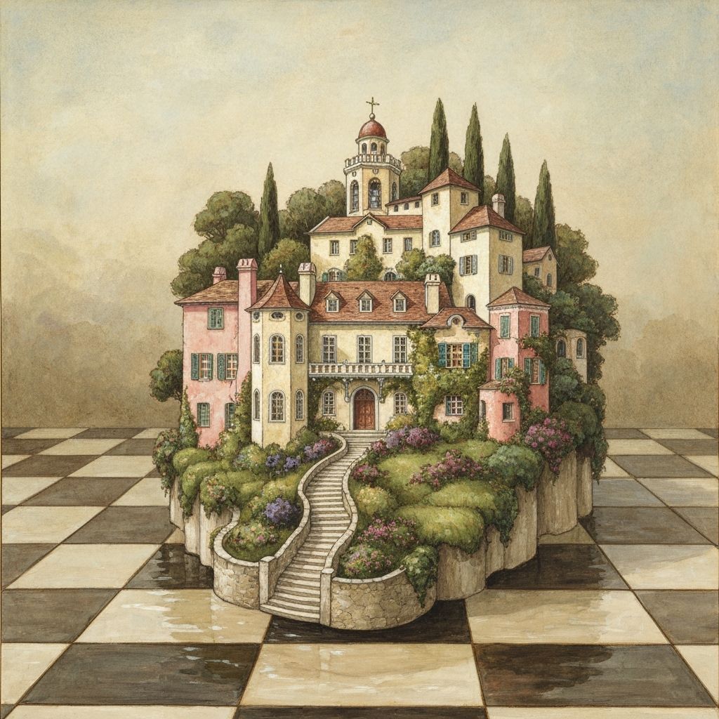 Portmeirion on a chessboard background