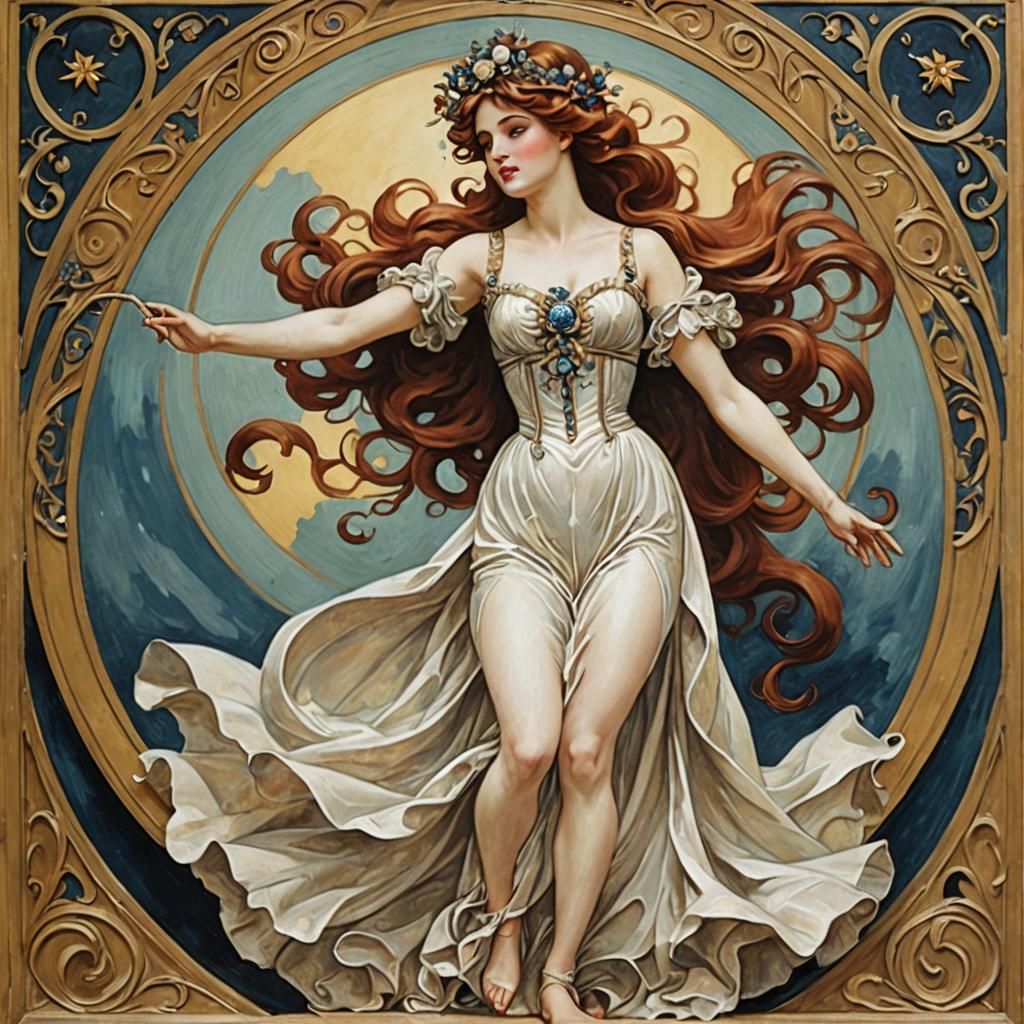 Witches' Procession: An Art Nouveau Gouache Painting