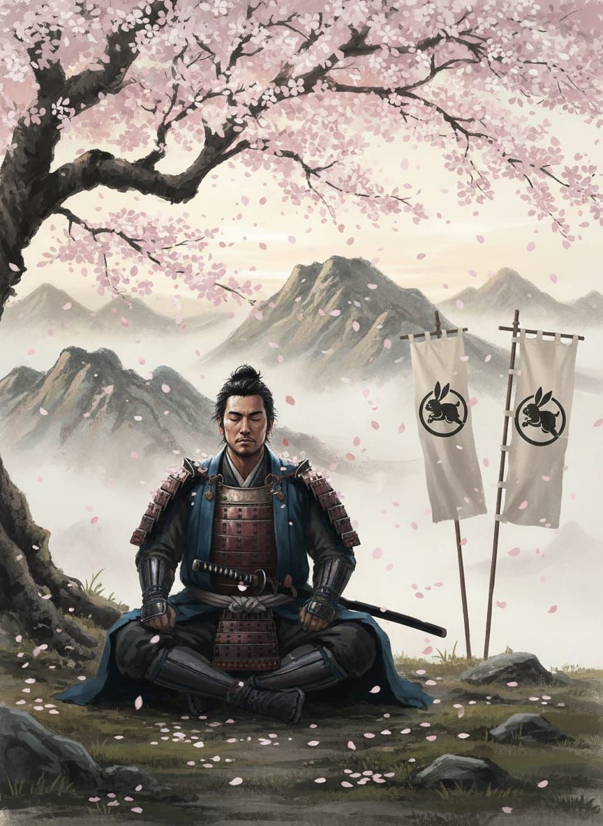 Samurai Meditating Under Cherry Blossoms