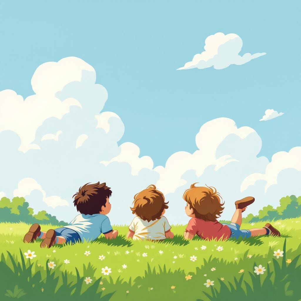 Children Dreamily Watching Clouds in Storybook Style