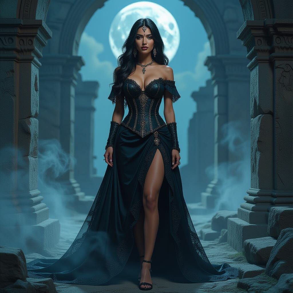 Regal Indian Woman in Moonlit Ruins, Gothic Romance