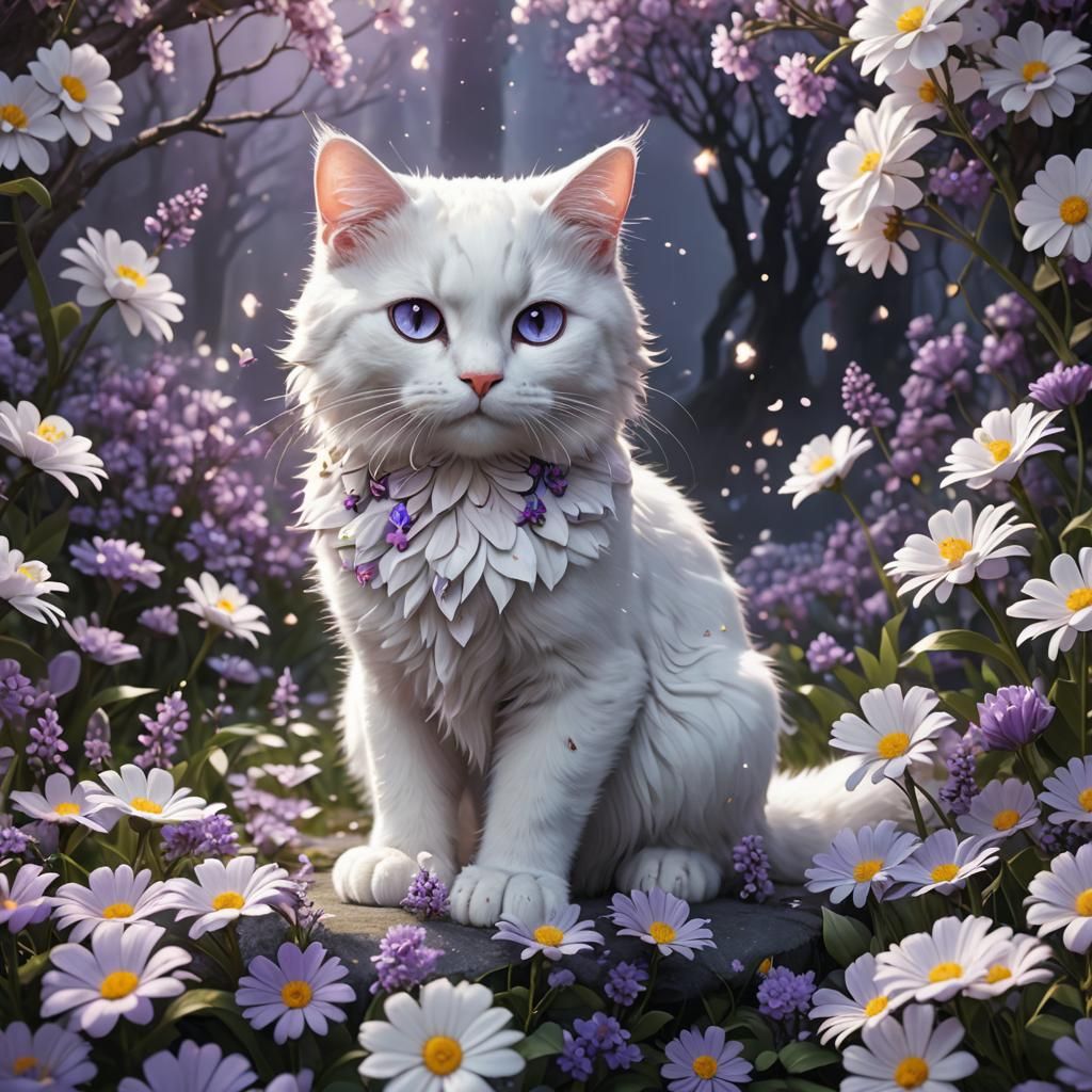 White cat with light purple petals and cute little flowers