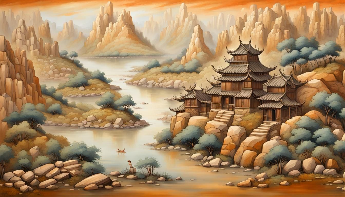 Ancient Landscape Painting with Earthy Tones