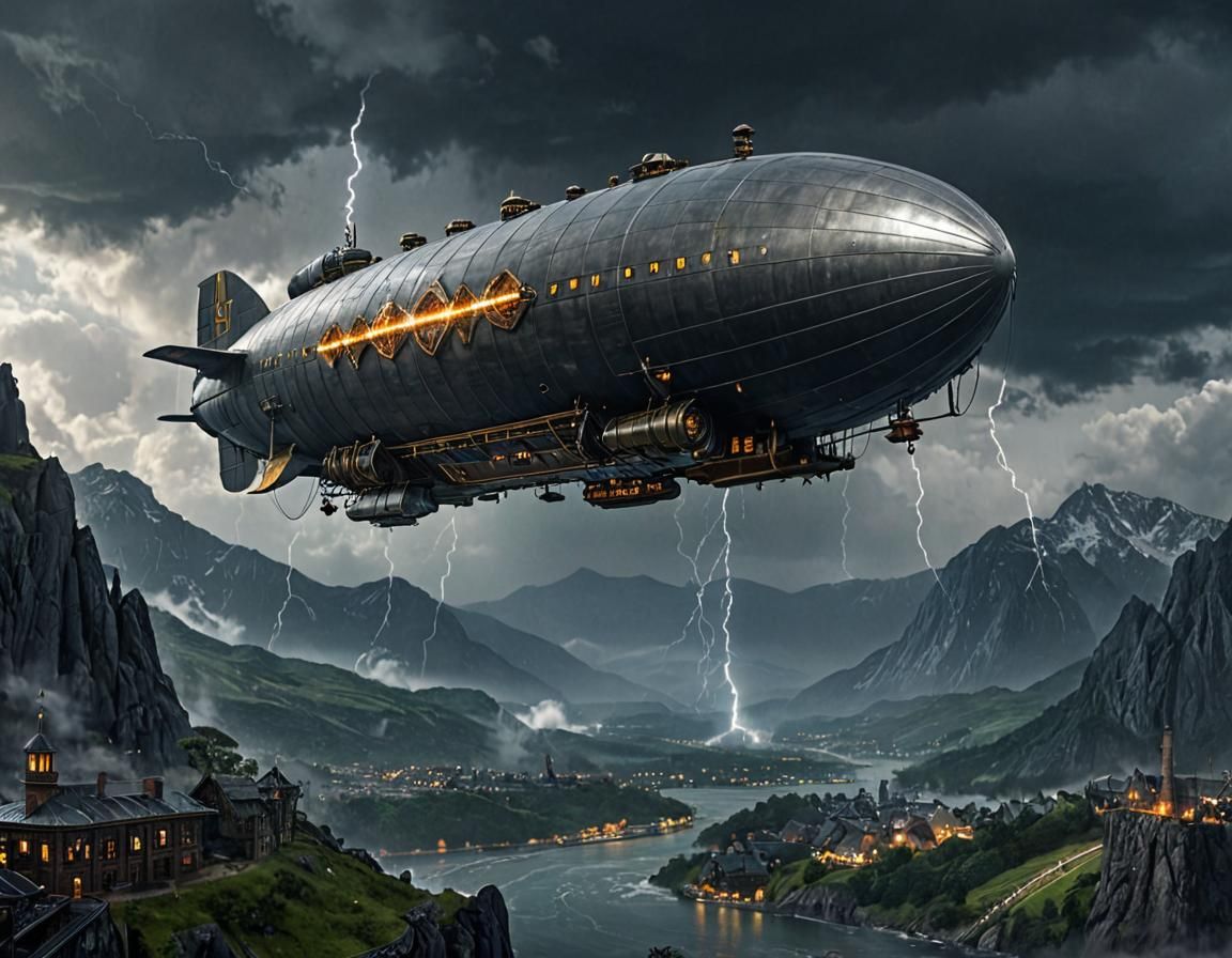 Steampunk Zeppelin Airship Soaring Through Stormy Skies