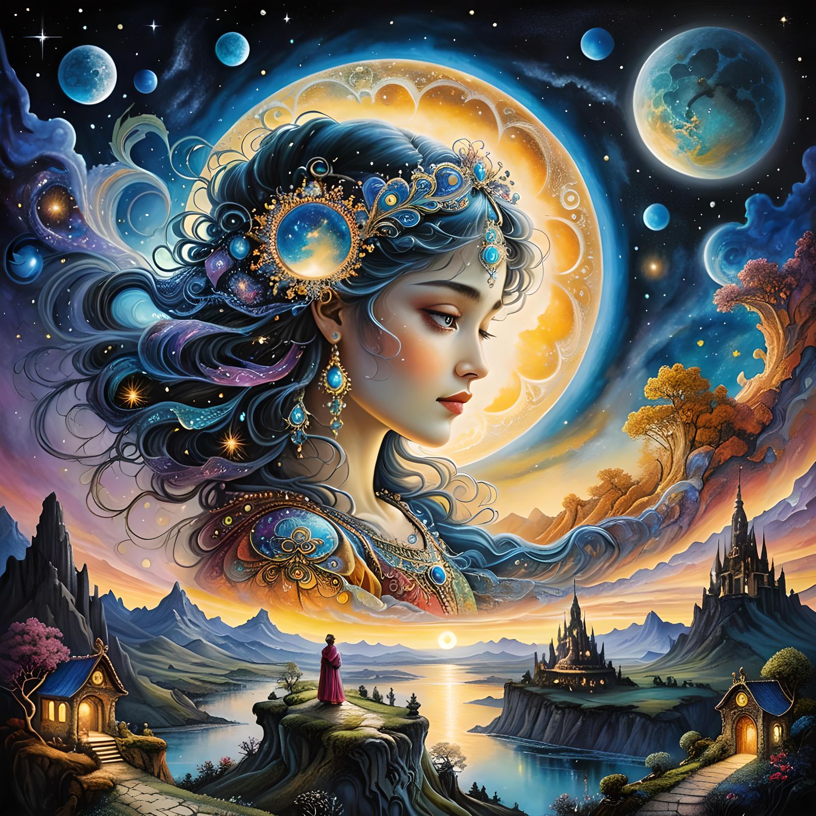 Gothic Galactic Moonscape in Hyperrealistic Ink Painting