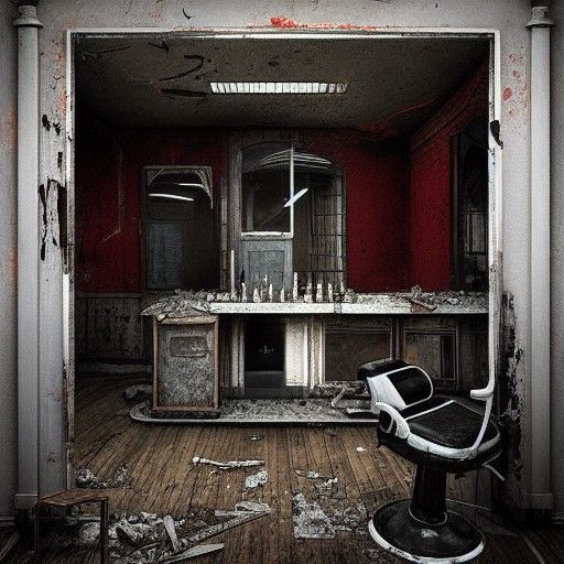 Sinister Abandoned Barber Shop in Dark Fantasy Style