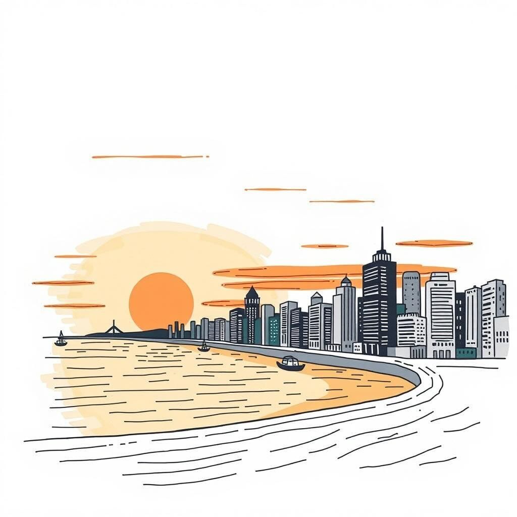 Whimsical City Sunrise in Simplified Doodle Art