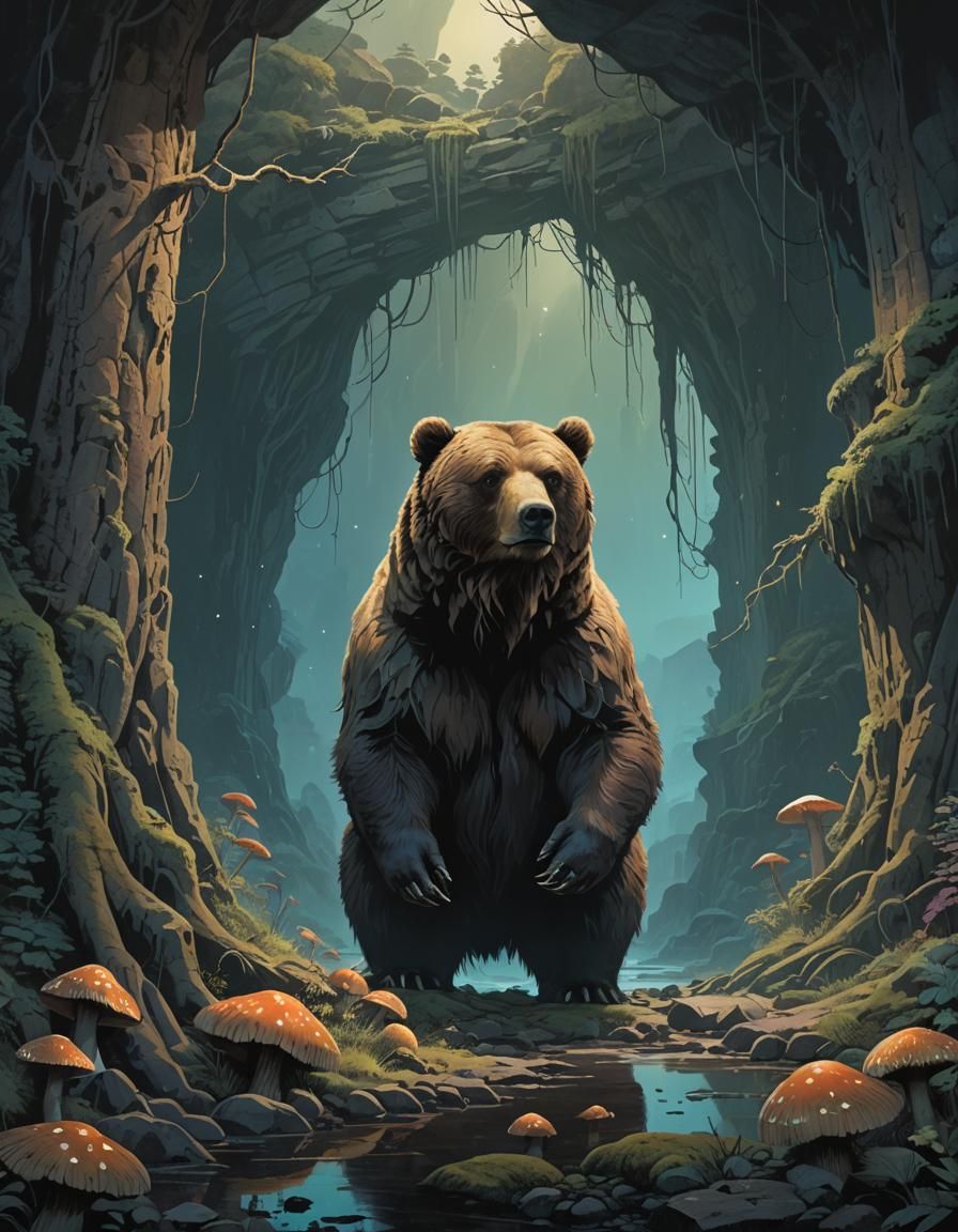 Grizzly Bear Guardian of Mystical Cave Entrance